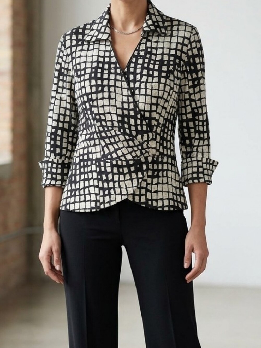 Joseph Ribkoff Geometric Checkerboard Collared Wrap Front Blouse Jacket
